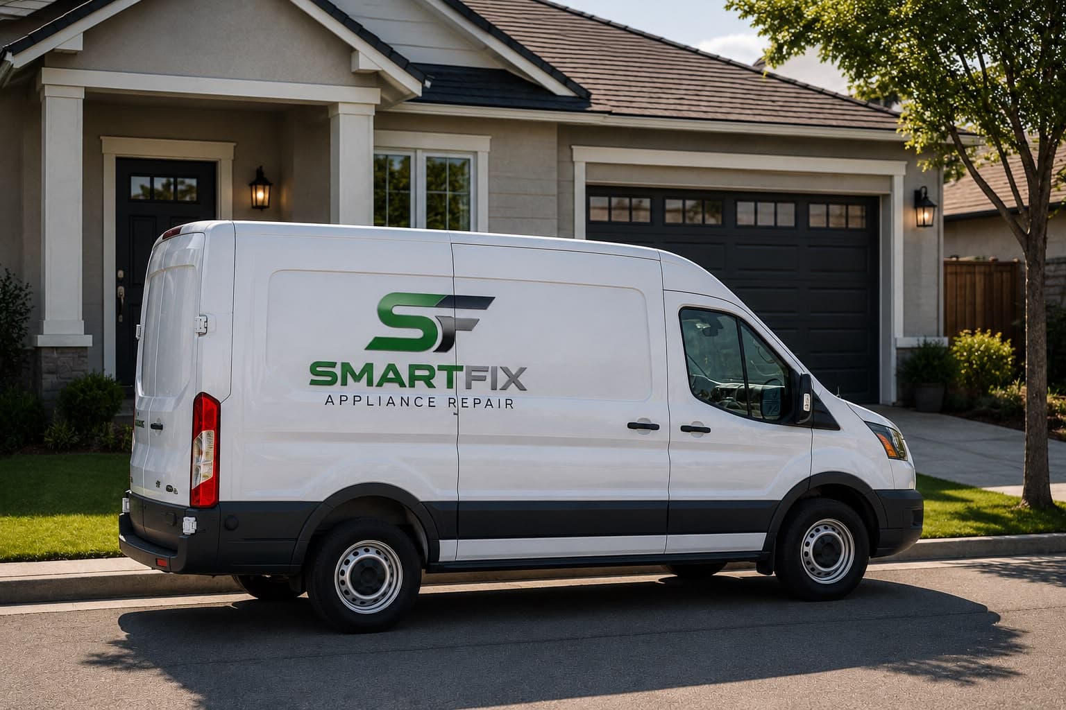 White SmartFix Appliance Repair van parked on a residential street outside a suburban home.